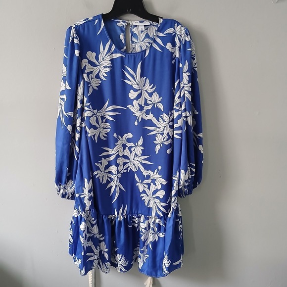 Alexis Size 1x Womens Mini Dress Rope Belt Ruffle Hem Long Sleeve Floral Blue - Picture 9 of 14